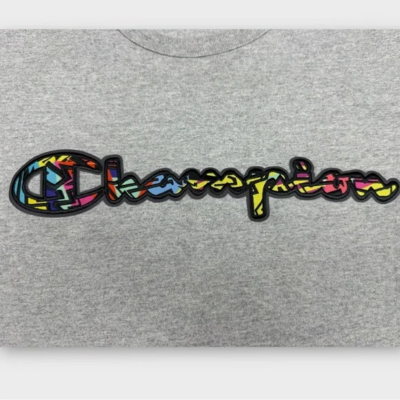 Champion Mens T-Shirt Medium Gray Colorful Graffiti Script Logo Short Sleeve Tee - Picture 5 of 7